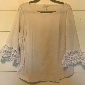 White 3/4 Sleeve Top with Lace Bell Sleeve Detail